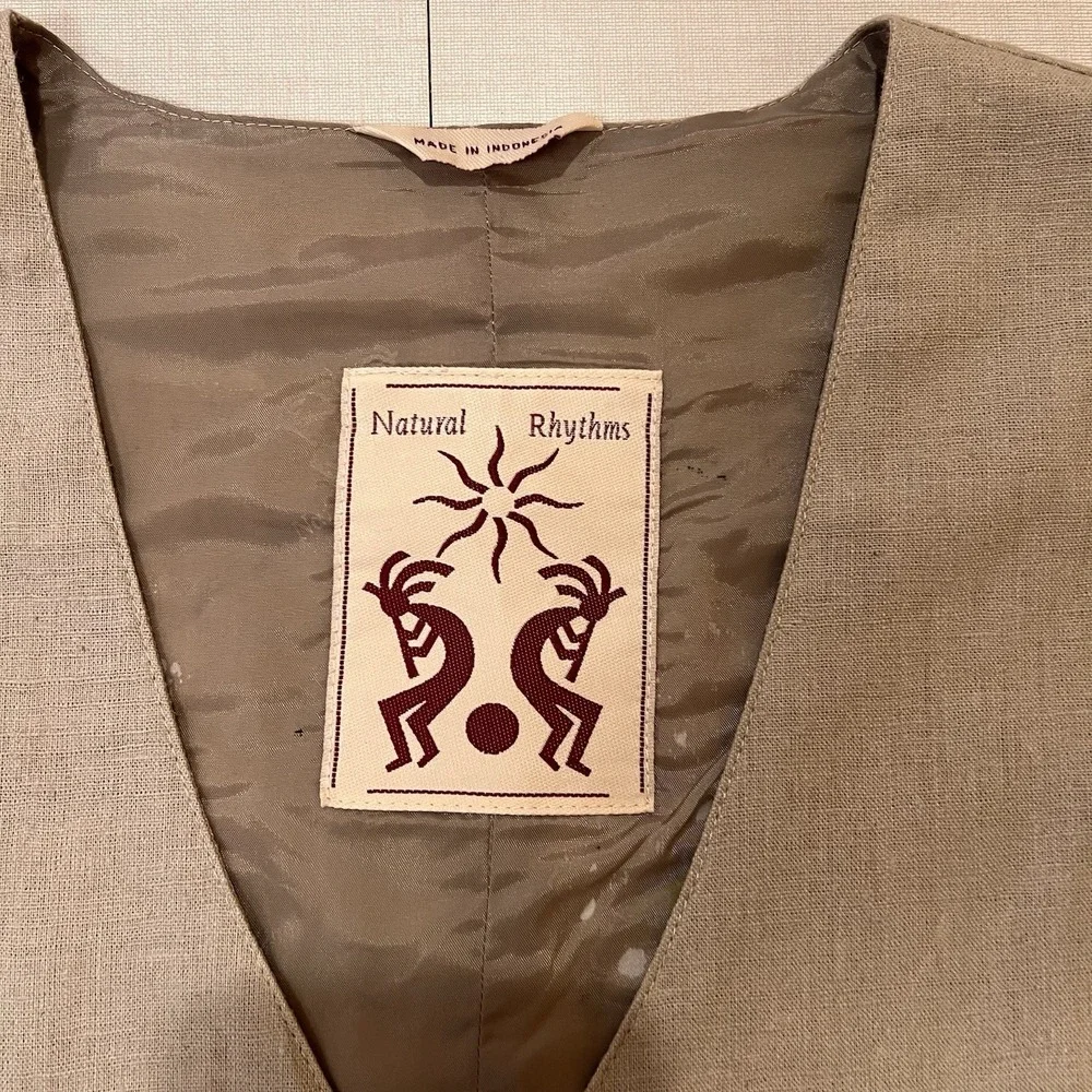 Vtg Natural Rythms Safari Linen Vest Waist Coat L Hand Painted Tiger Pockets Art